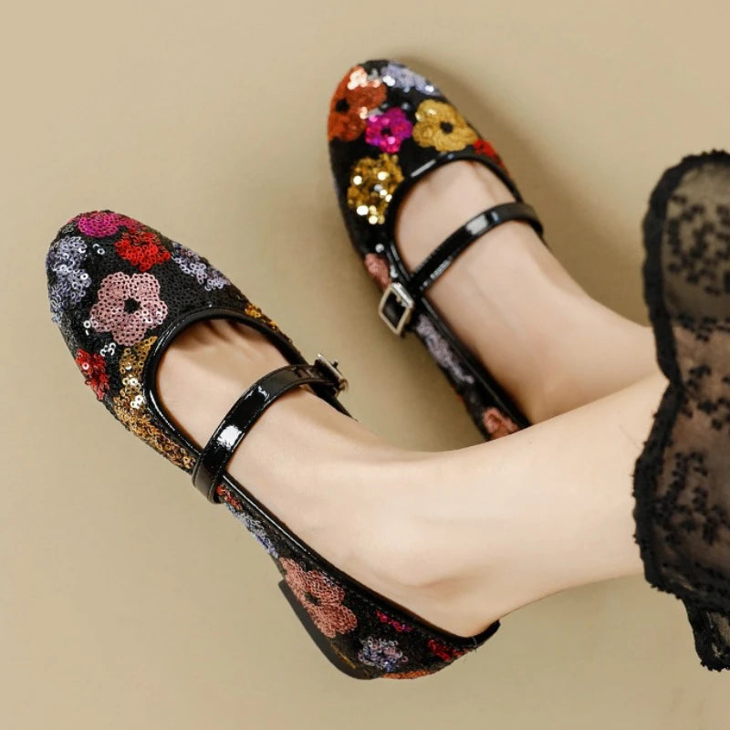 Luxo bling ballet flats feminino dedo do pé redondo colorido floral fivela design mary jane sapatos elegantes sapatos de festa conforto sandálias planas