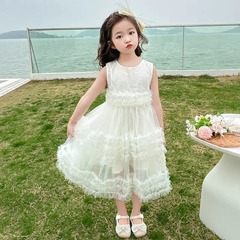 Novo Vestido Estilo Coreano 2026 para Crianças, Vestido de Verão Doce com Alças e Tule para Meninas