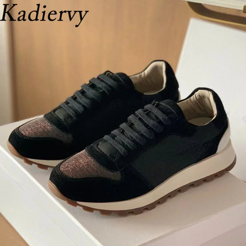 Sapatos casuais mulher dedo do pé redondo corrente corda grânulo conforto tênis de corrida senhoras camurça vaca retalhos rendas até tênis planos