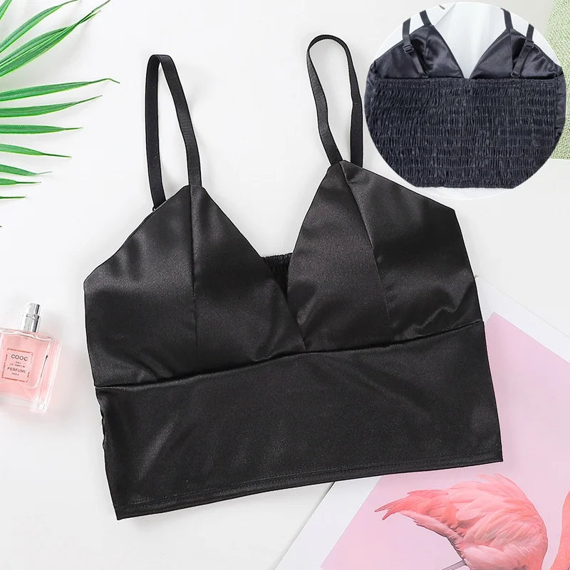 Sexy tops de cetim para mulheres, bralette sem fio, top de crochê, alça de espaguete feminina, camiseta cortada com peito, camisola acolchoada