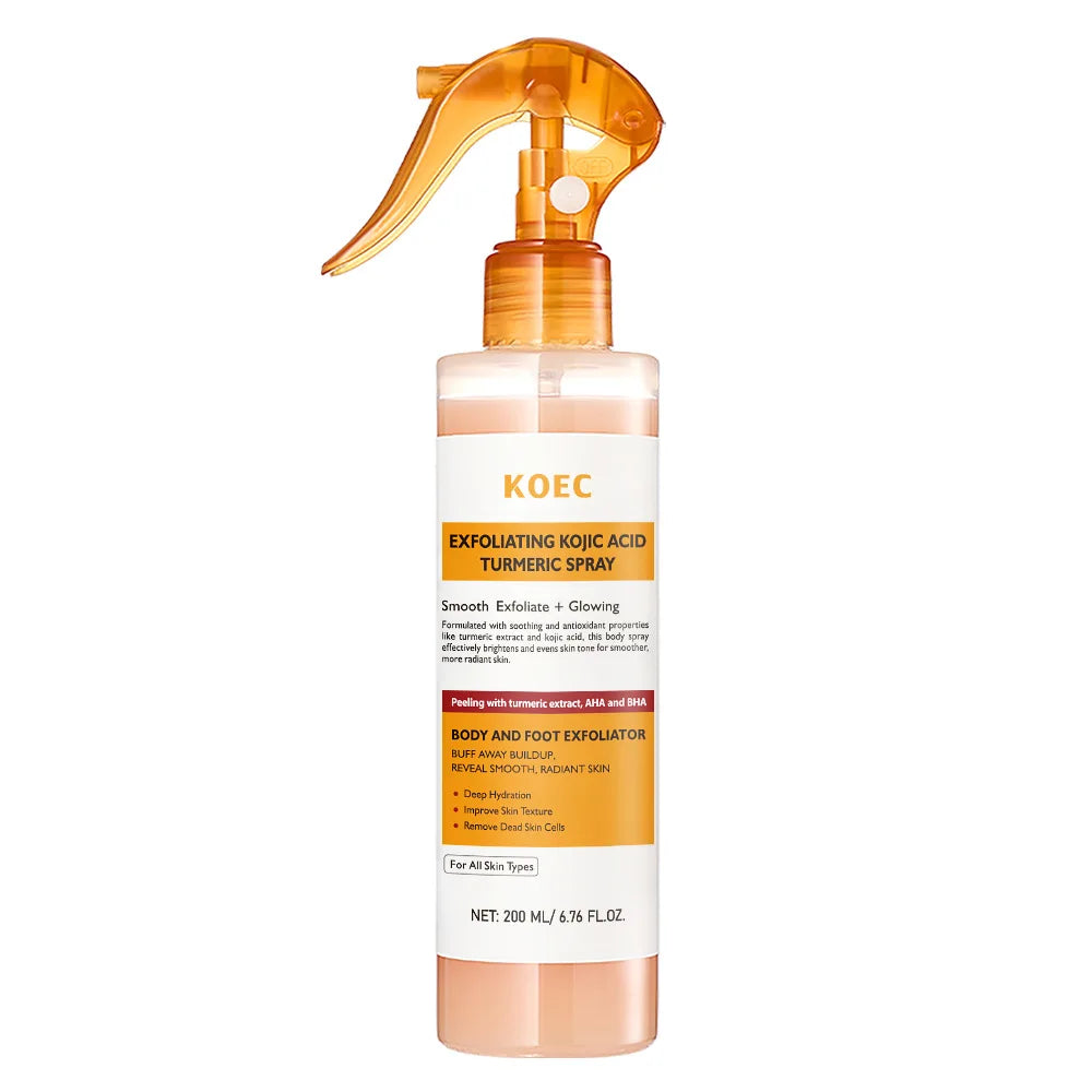 200ml Spray Esfoliante KOEC com Ácido Kójico e Cúrcuma Suaviza, Ilumina, Hidrata, Remove Células Mortas, Melhora a Textura da Pele e Limpa os Poros.
