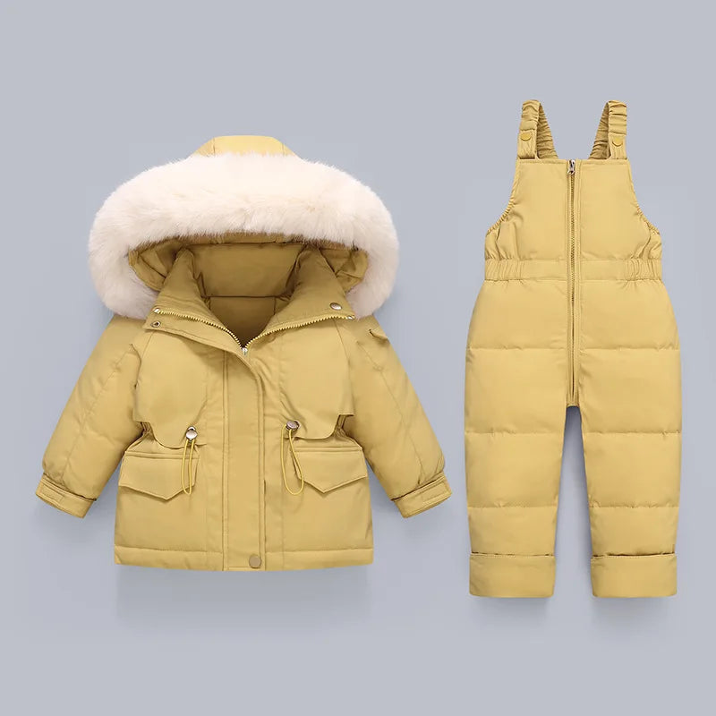 Crianças para baixo casaco jaqueta + macacão crianças da criança menina menino roupas para baixo 2 pçs roupa de inverno terno quente do bebê macacão conjuntos