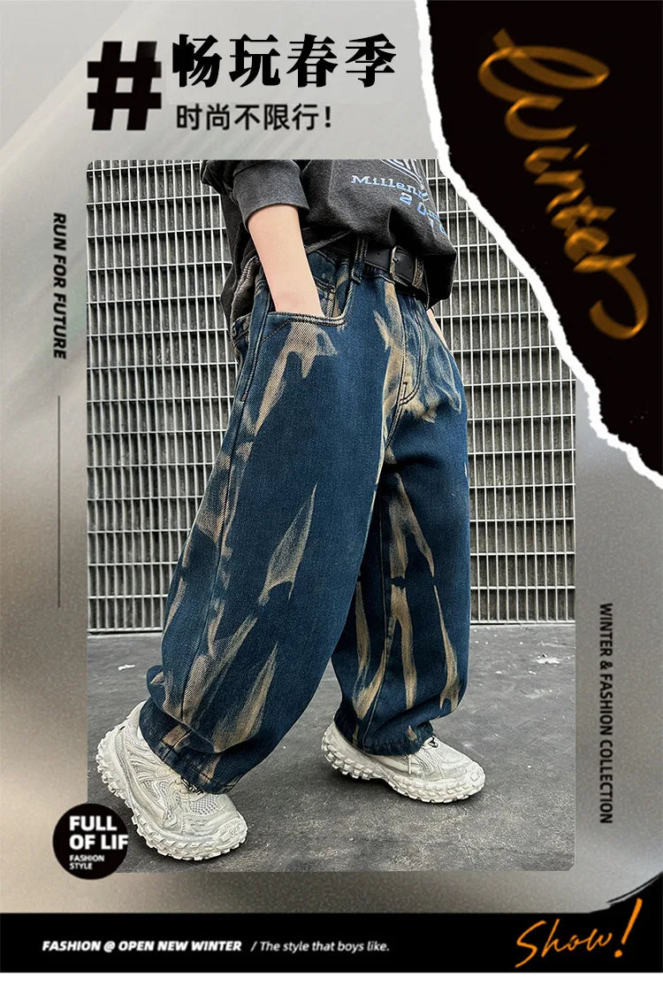 Crianças graffiti jeans meninos primavera e outono 2025 novas crianças adolescentes bonito meninos perna reta solta calças de perna larga