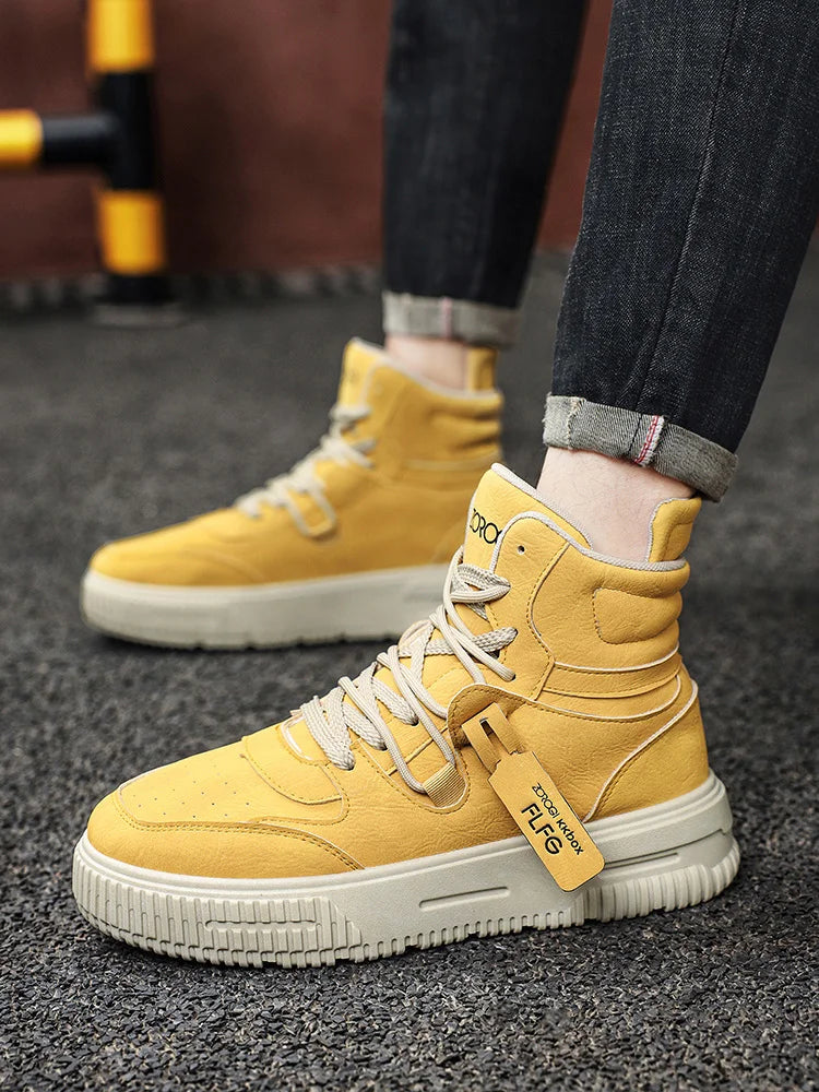 Sapatos masculinos de cano alto de inverno, sapatos esportivos casuais de couro, roupas de trabalho retrô, sapatos esportivos casuais versáteis e modernos