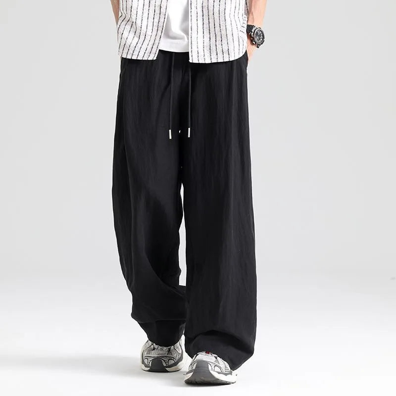 Calças Masculinas de Linho Finas, de Cor Sólida, Casuais, Confortáveis, Respiráveis, com Bolsos, Moda, Calças Longas de Perna Larga