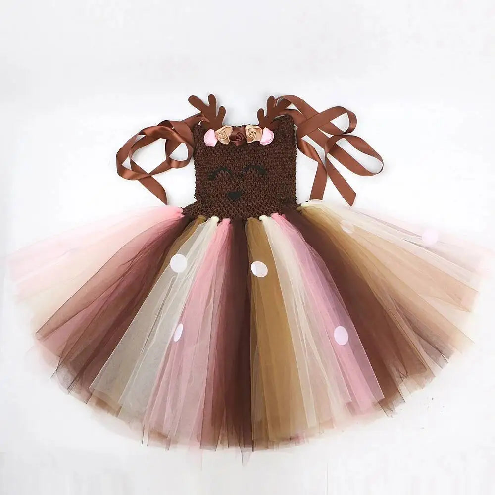 Bebê meninas trajes de veados de natal para crianças flor rena vestidos de princesa crianças natal ano novo ballet tutus outfit com arco