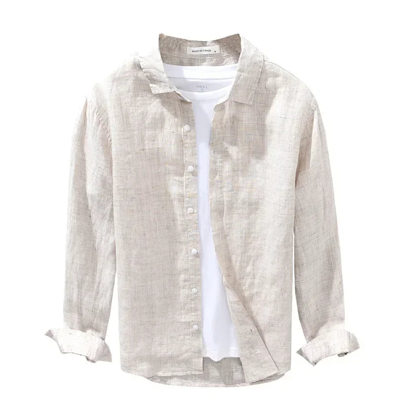 Camisa de linho respirável masculina, Top manga comprida, encaixe solto, Roupa extragrande, coreano sazonal