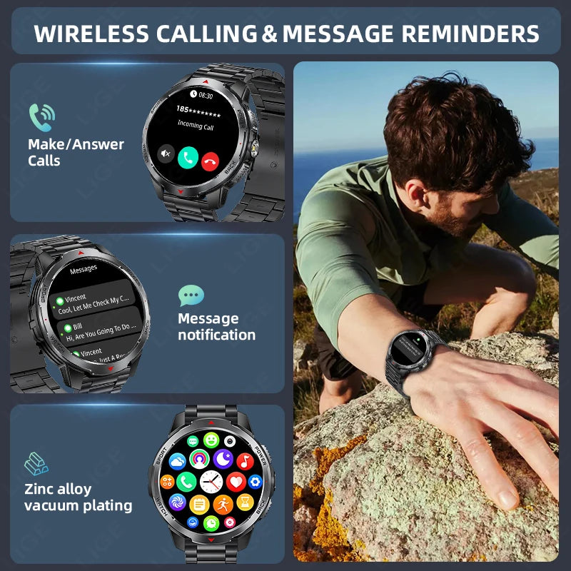 Relógios Inteligentes LIGE Novos com Bateria de 1100mAh para Homens, Esportes ao Ar Livre, Lanterna LED, Bússola, Relógio Inteligente Masculino com Chamada Bluetooth