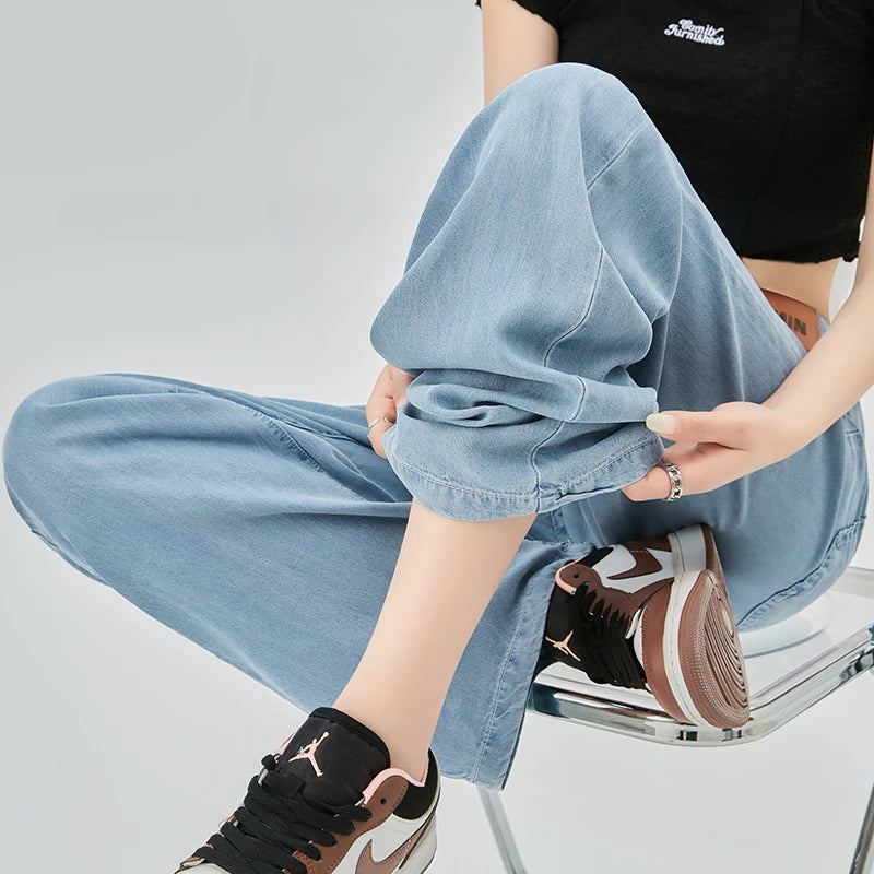 Jeans de cintura alta de seda gelo feminino, verão, azul, solto, perna larga, elegante, simples, lazer, todos os fósforos, diário, na moda, chique, moda coreana