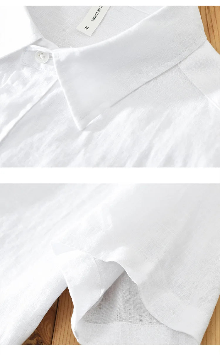 Camisa de linho de manga curta masculina, camisa respirável solta, camisa casual artística, monocromática, verão