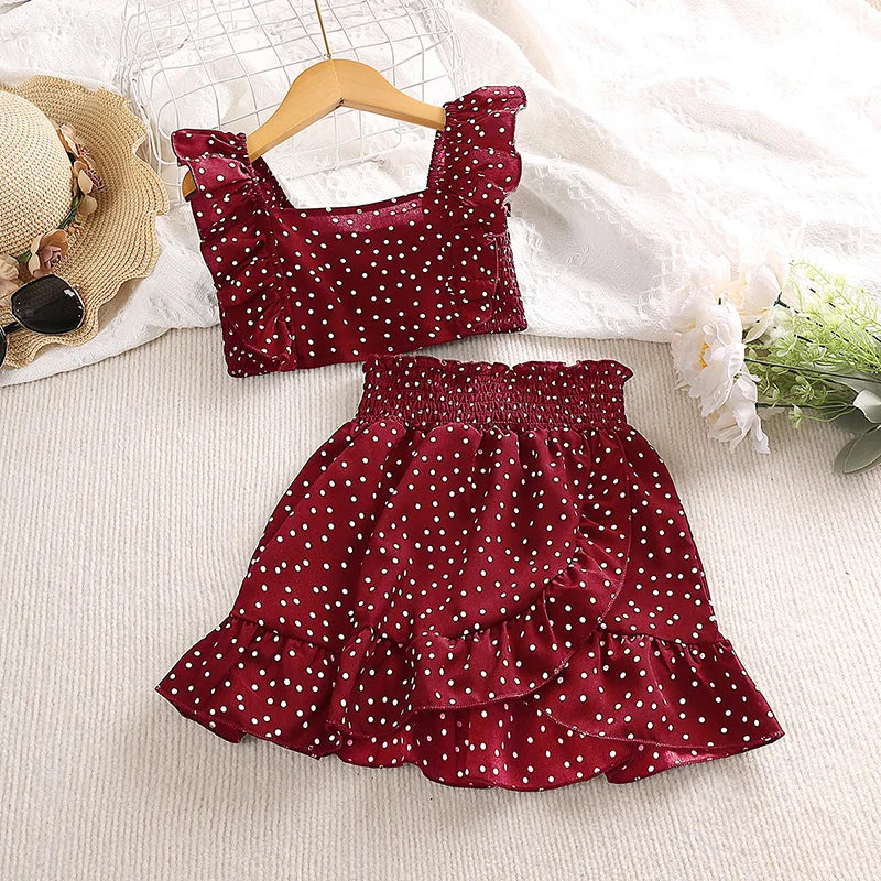 Conjunto de roupas para meninas 5-12t tricolor opcional manga voadora gola quadrada colete top + saias de renda crianças meninas conjunto de roupas de bebê