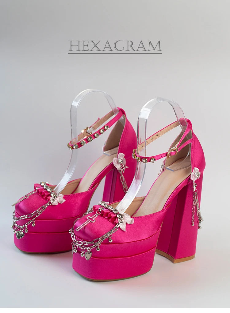Cruz Japonesa Rhinestone Lolita Salto Alto para Mulheres, Corrente de Metal, Casamento da Noiva Rosa, Doce Sapatos Y2k Mary Jane, Salto Plataforma para Menina