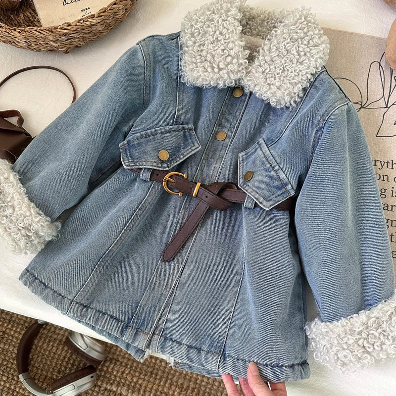 Inverno meninas grosso demin casacos bebê mais veludo quente outerwear com cinto crianças princesa projetado jaquetas longas crianças roupas