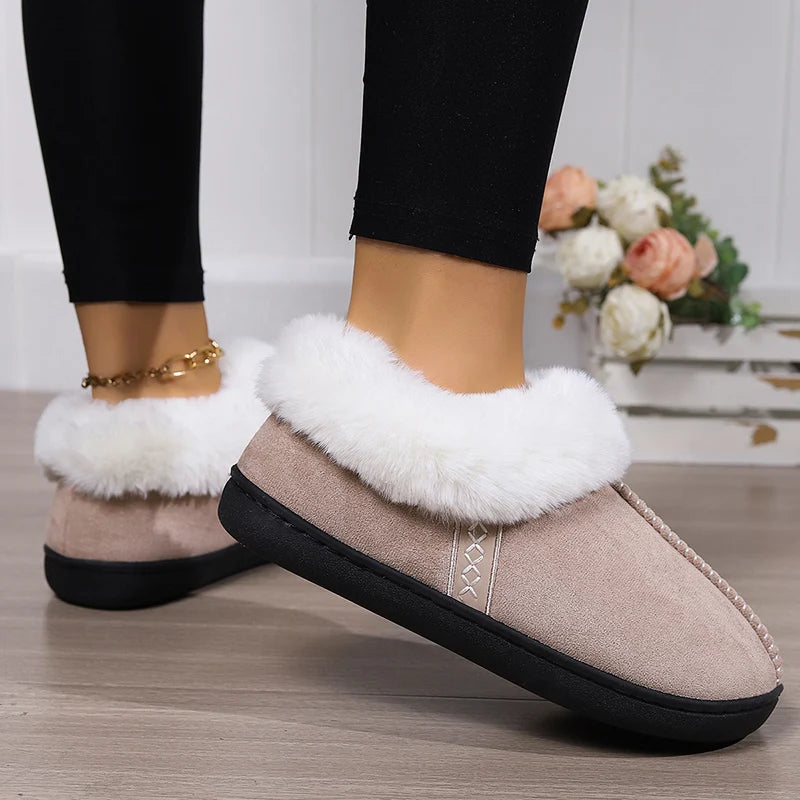 Inverno quente interior flurry chinelos feminino camurça do falso dedo do pé fechado casal chinelos mulher conforto sola macia casa slides mujer