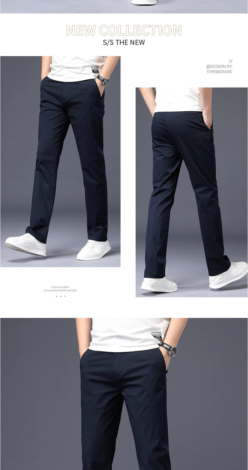 Calças masculinas de algodão casual estiramento calças masculinas homem longo em linha reta alta qualidade 4 cores plus size calça terno 42 44 46