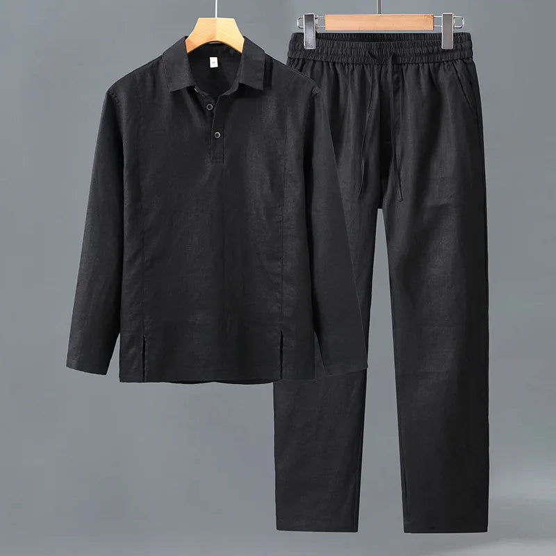 Camisa de Linho Pura de Manga Longa para Homens, Camiseta Leve e Respirável, Conjunto de Calças Casuais de Linho para Primavera e Outono