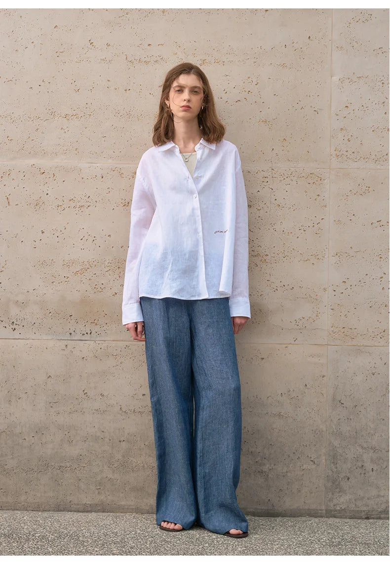 Camisa Feminina 100% Linho 2026 Nova Coleção Primavera Verão Casual com Gola Lapela Cardigã Protetor Solar Bordado Manga Longa Branca
