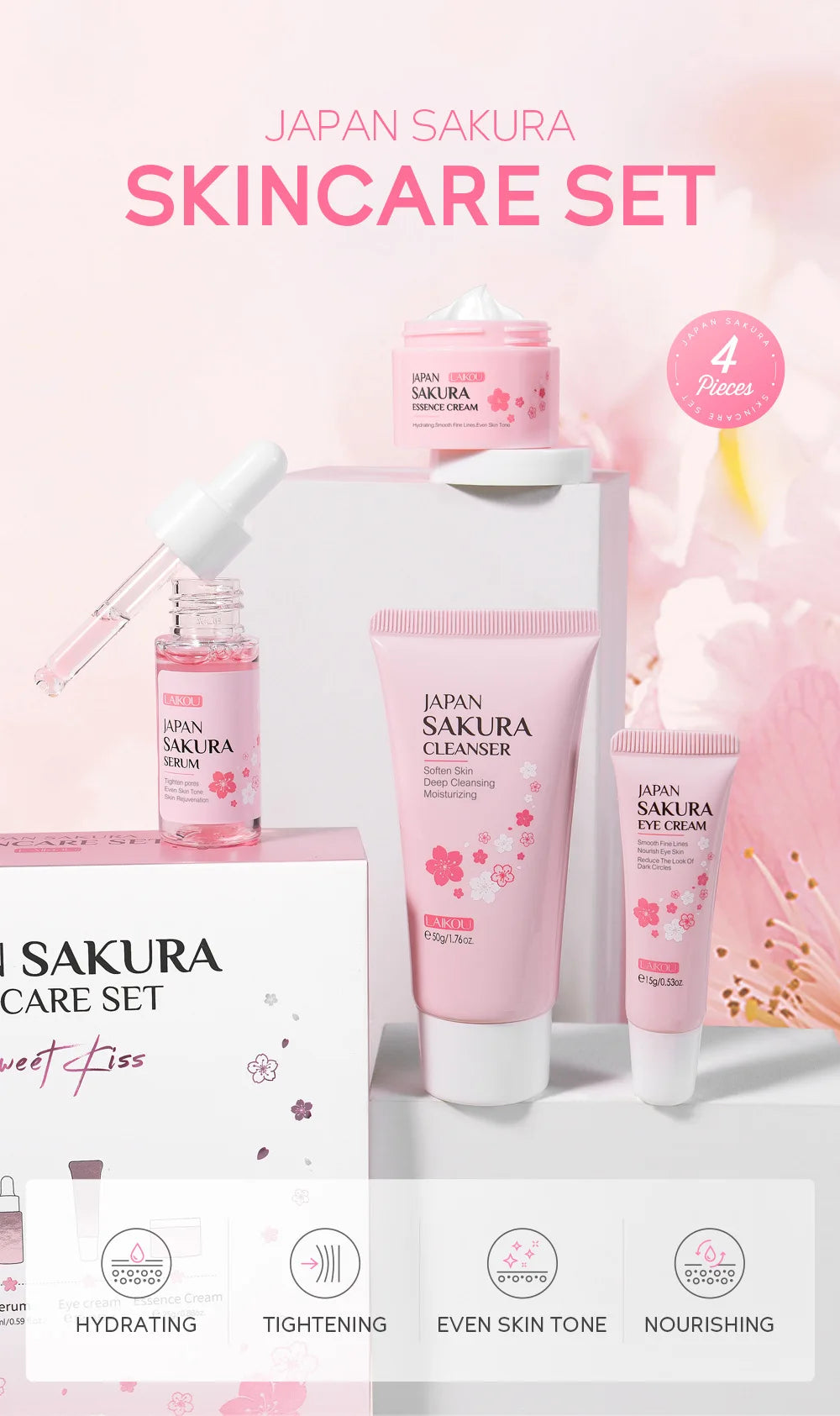 Conjuntos de cuidados com a pele Laikou Sakura com limpador, sérum, creme para os olhos, creme essencial, produtos de beleza para mulheres, presente de Natal.
