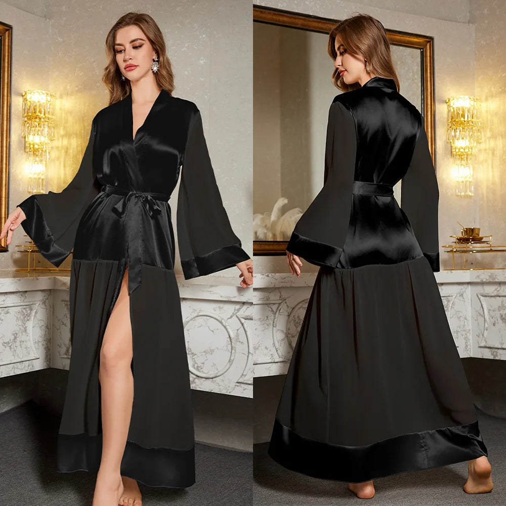 Longo noiva casamento robe cetim malha retalhos quimono feminino elegante sleepwear macio rayon casa roupão loungewear