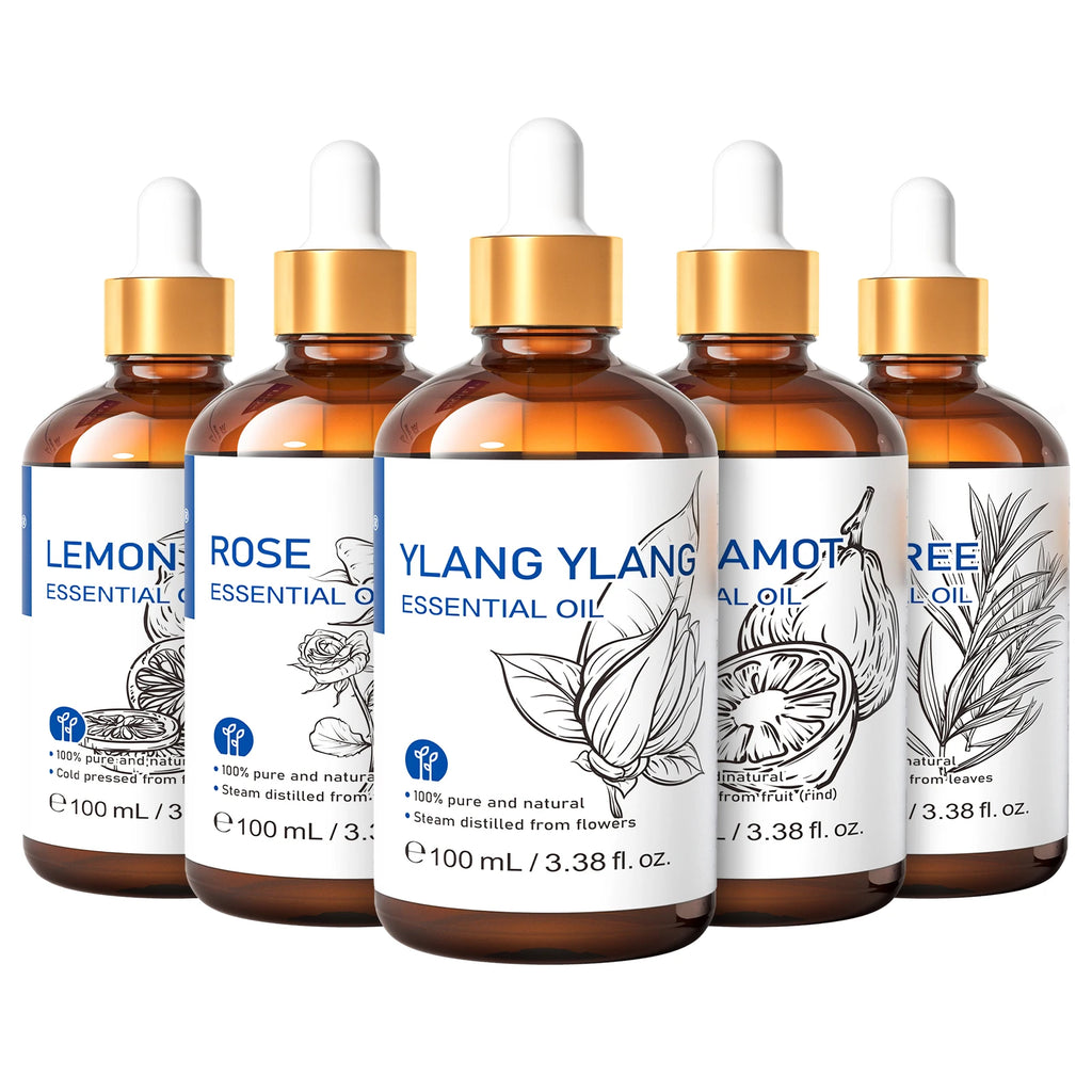 Óleo Essencial HIQILI 100ml com Conta-Gotas, Lavanda, Jasmim, Laranja Doce, Hortelã, Alecrim, Baunilha para Difusor / Umidificador
