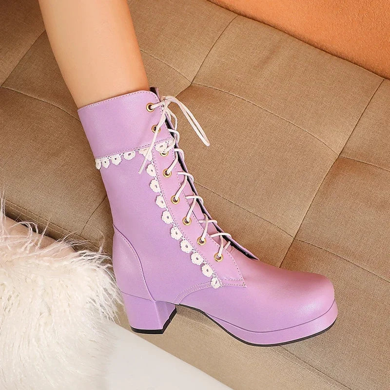 Moda feminina lolita meados de bezerro botas outono inverno elegante senhora cosplay sapatos de festa plataformas couro plus size botas dropship