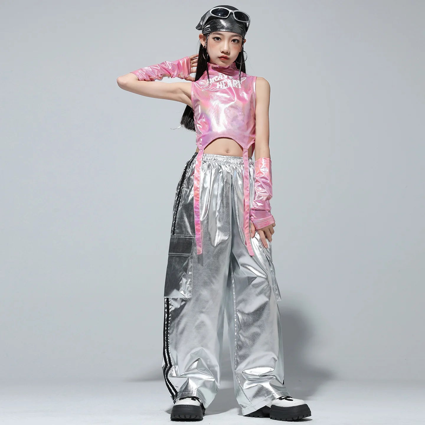 Meninas k-pop brilhante colheita superior calças de carga shorts de dança de rua crianças hip hop jazz conjuntos de roupas crianças streetwear menina grupo traje
