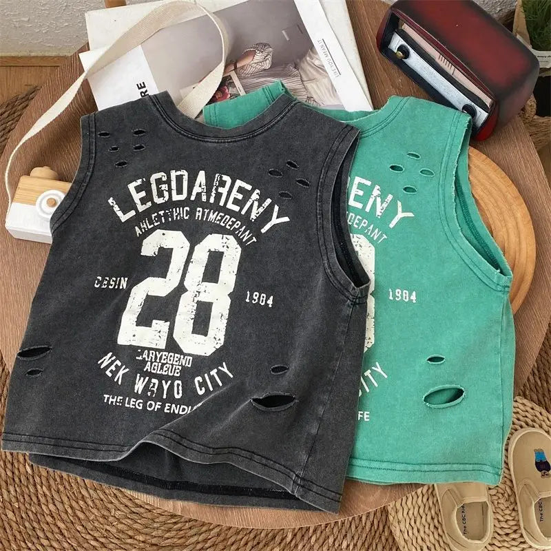 Verão bonito meninos novo preto puro algodão sem mangas perfurado camiseta estilo solto bebê crianças regata