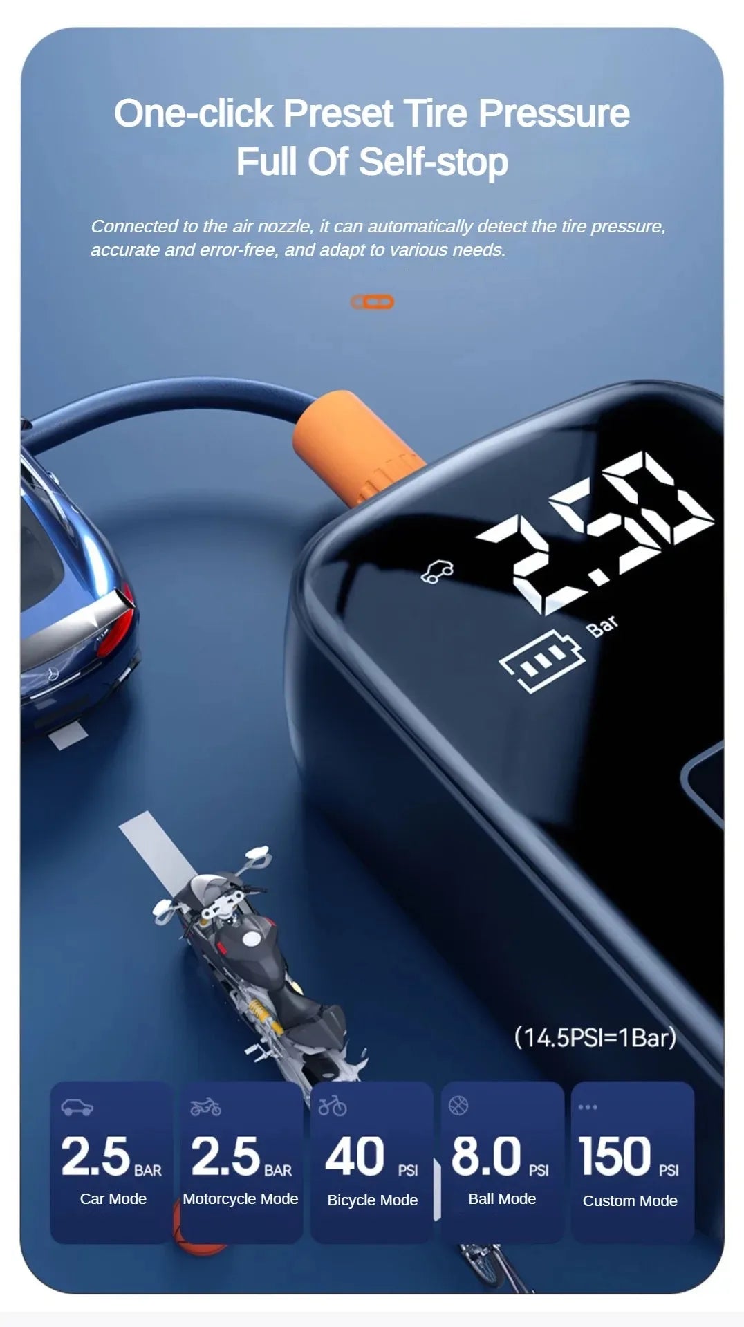 Bomba de Ar Sem Fio para Carro, Compressor de Ar, Inflador de Pneus com Luz LED, Inflador de Pneus Elétrico 150Psi para Carros, Motos e Bicicletas