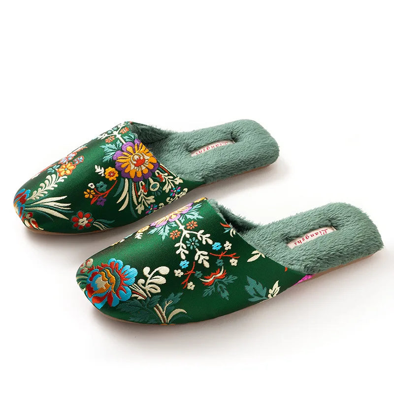 Chinelos de casa femininos homens inverno calor chinelos interiores senhoras sapatos bordados flor chinelos para mulher sapatos de casa