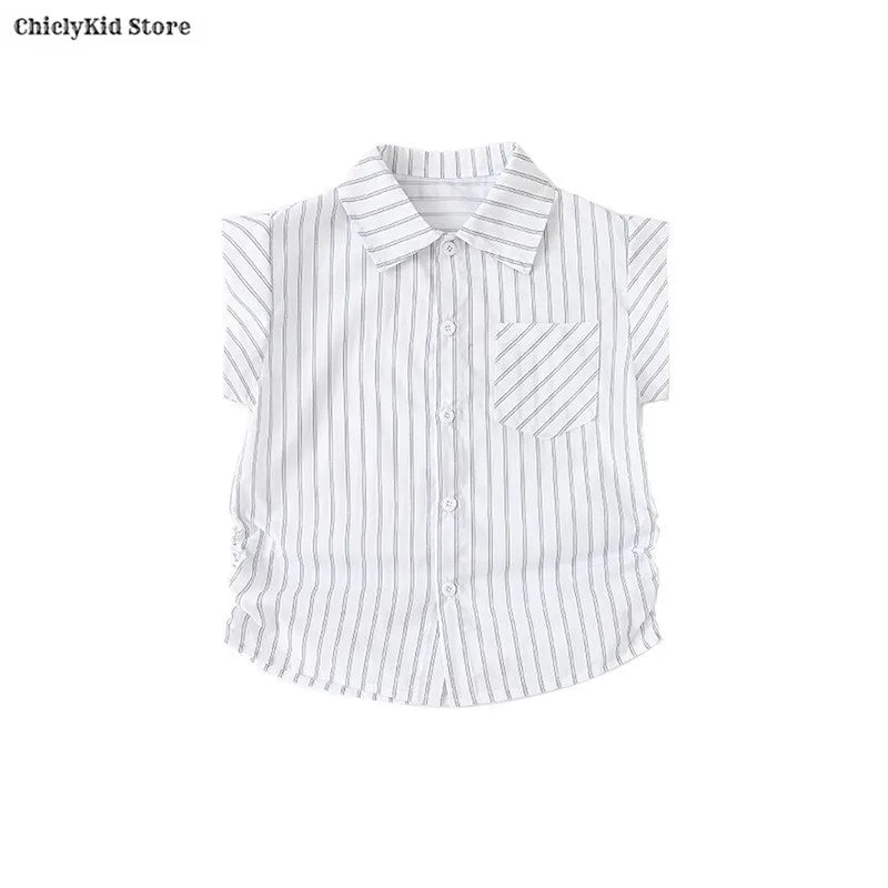 Meninas coreano japonês preppy listrado blusa saias meninos camisas shorts crianças conjuntos de roupas verão estudantes uniformes escolares