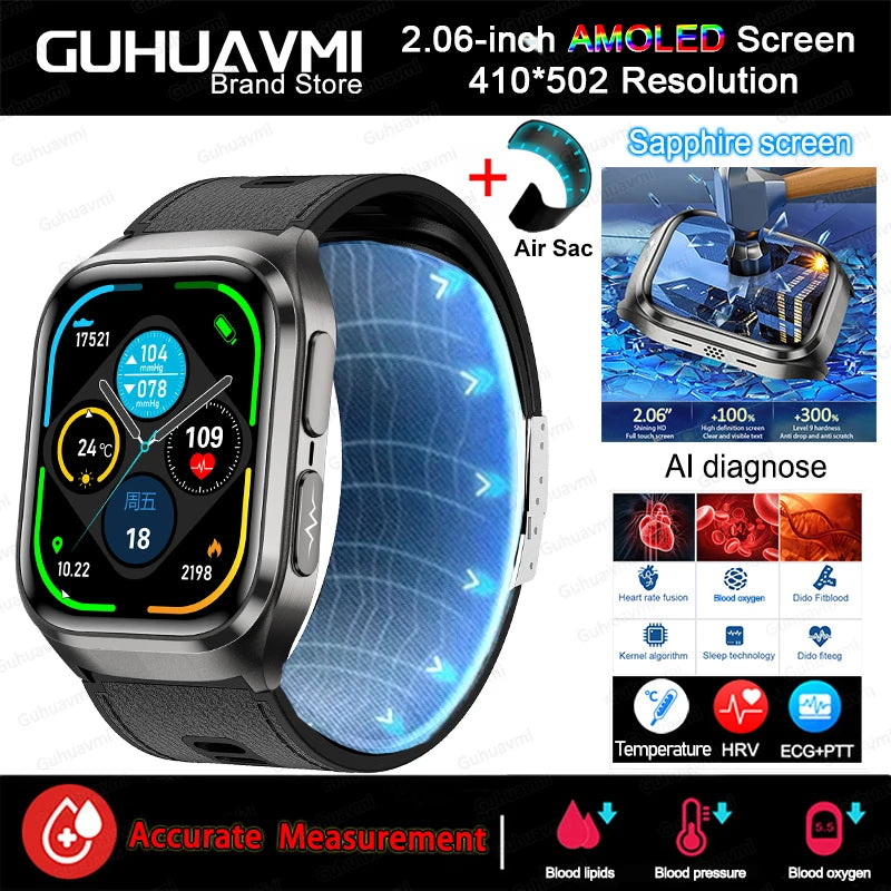 Novo Relógio de Saúde 2026: Medição Precisa de Pressão Arterial, Ácido Úrico e Lipídios no Sangue – Smartwatch Masculino e Feminino à Prova d'Água com Airbag