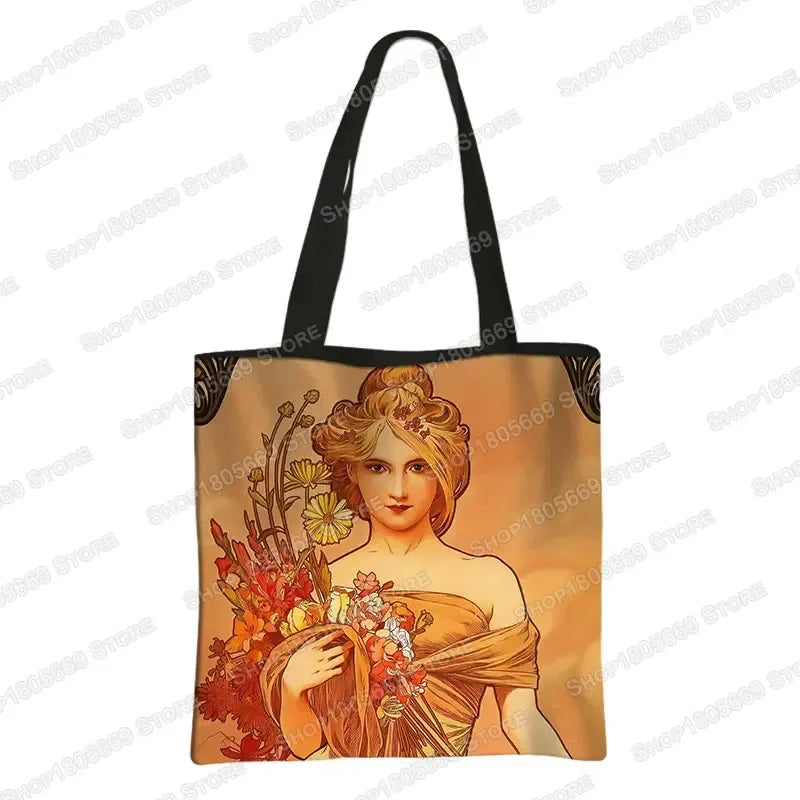 Alphonse Beauty Print Bolsa para Mulheres, Sacos De Compras De Armazenamento Reutilizável, Totes Casuais, Pintura A Óleo, Elegante Senhoras Tote