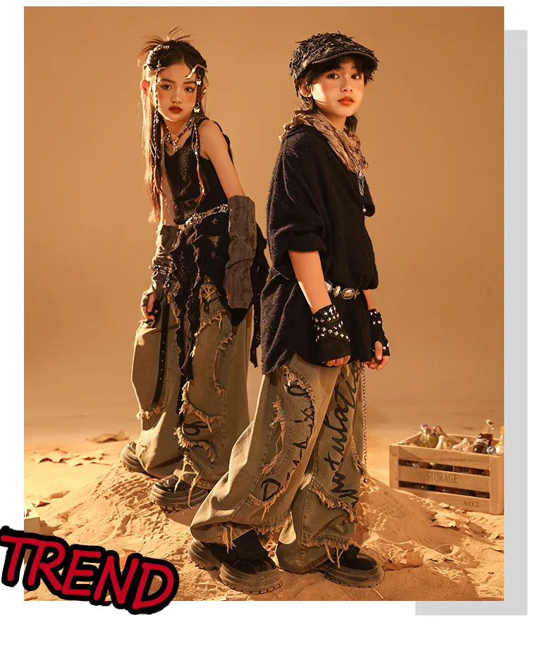 Conjunto de regata e jeans infantil Wasteland Street Dance de malha, moletons de hip hop, roupas de jazz, roupas punk, meninos e meninas