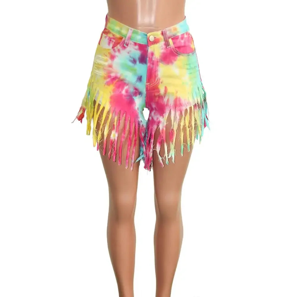 CM.YAYA-Jeans rasgado feminino com estampa Tie Dye cintura média, calça jeans curta de verão, calça da moda