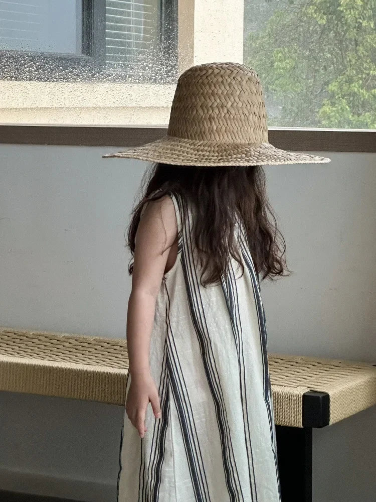 Crianças roupas meninas vestido sem mangas nova moda verão 2025 estilo coreano listra vertical francês retro vestido de férias