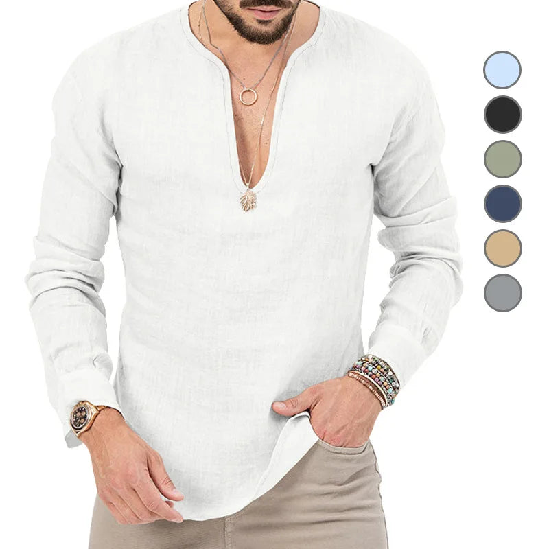 Camiseta Masculina de Linho de Manga Longa 2026 Henry, Slim Fit, Cor Sólida, Tamanho Grande Europeu e Americano, Gola V Profunda