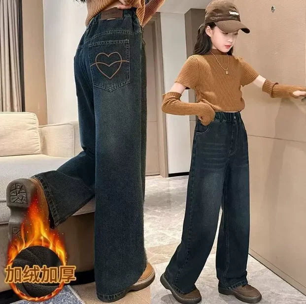 Meninas adolescentes jeans com lã outono inverno moda casual crianças perna larga calças jeans isoladas escola crianças denim