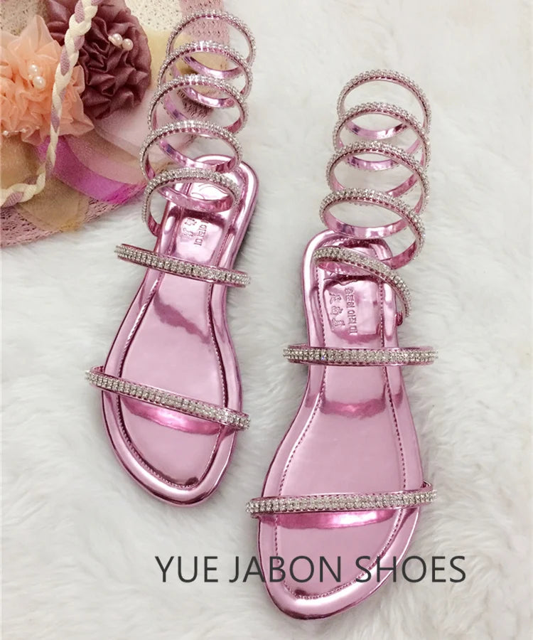Sandálias luxuosas de verão, flor branca e rosa, sandálias femininas de salto baixo, punk gladiador, com strass, sapatos de festa de casamento