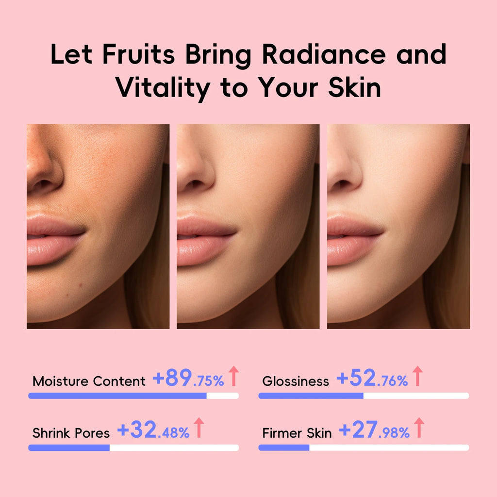 QUIYUM Fruit Fresh Collection Conjunto de cuidados com a pele de 5 peças, brilho, hidratante, anti-idade, cuidados faciais para pele seca e maçante