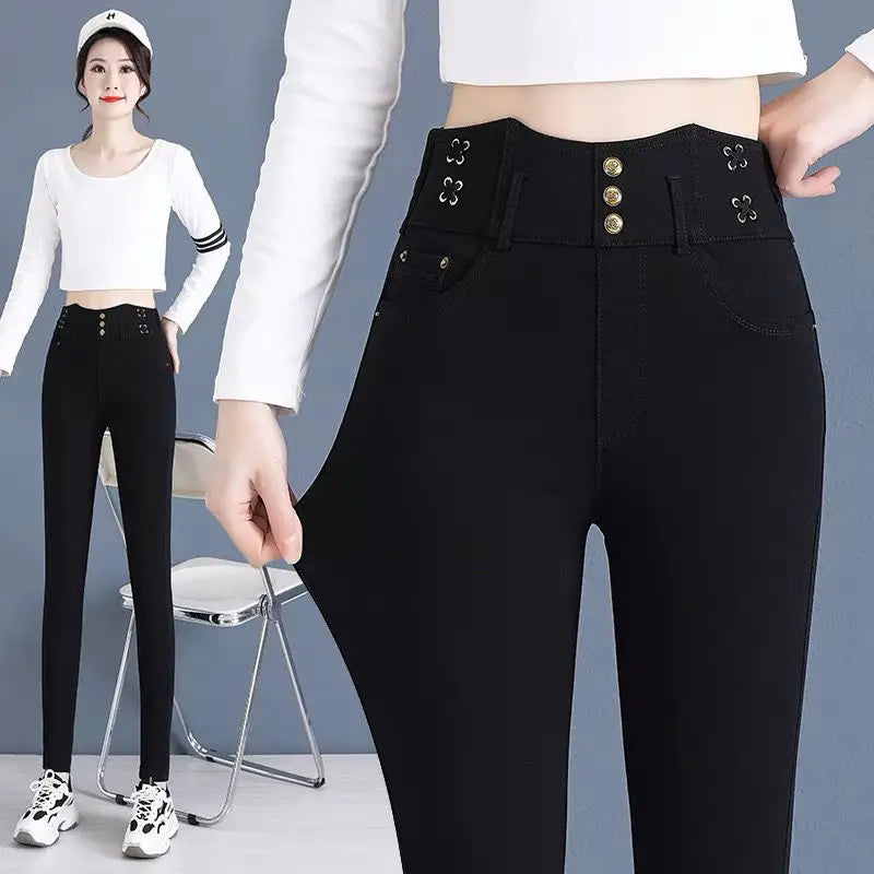 Jeans coreano elástico de cintura alta com pelúcia ártica, zíper de botão monocromático, calça lápis reta preta, moda fina, outono e inverno, nova