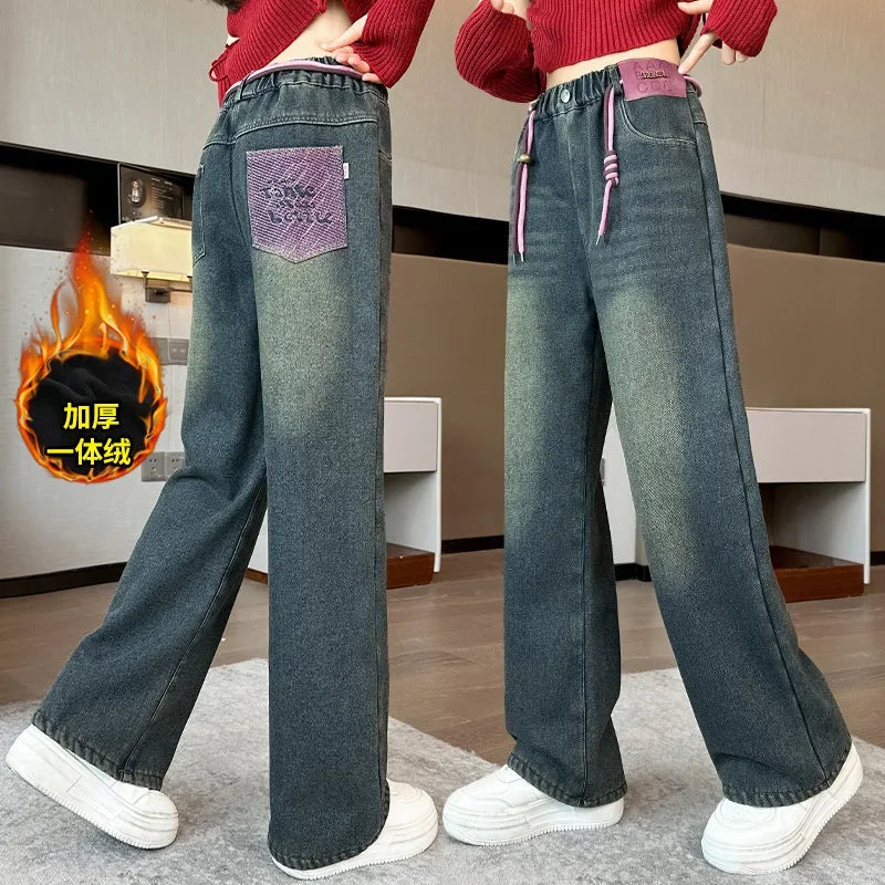 Meninas adolescentes jeans com lã outono inverno moda casual crianças perna larga calças jeans isoladas escola crianças denim