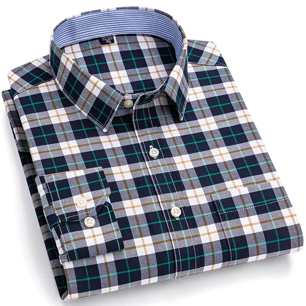 Camisas de vestido de algodão com design de gola de lapela listrada xadrez na moda masculina, camisa casual de manga comprida com botões para primavera/outono