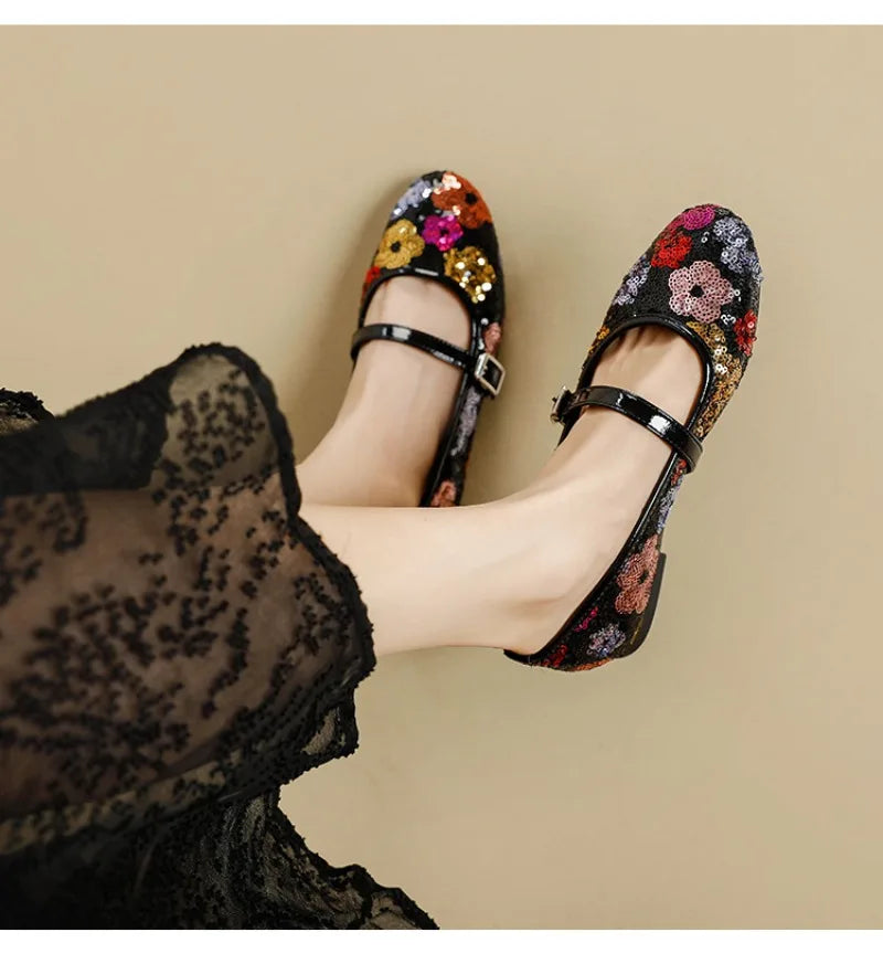 Luxo bling ballet flats feminino dedo do pé redondo colorido floral fivela design mary jane sapatos elegantes sapatos de festa conforto sandálias planas