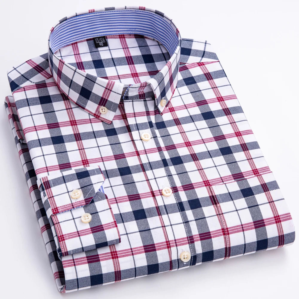 Camisas de vestido de algodão com design de gola de lapela listrada xadrez na moda masculina, camisa casual de manga comprida com botões para primavera/outono