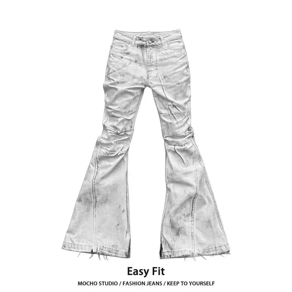Calças Femininas Americanas Retrô Hot Girl Tie-Dye de Cintura Alta Boca de Sino Slim Rasgadas Novas de Outono e Inverno Lavadas Casuais