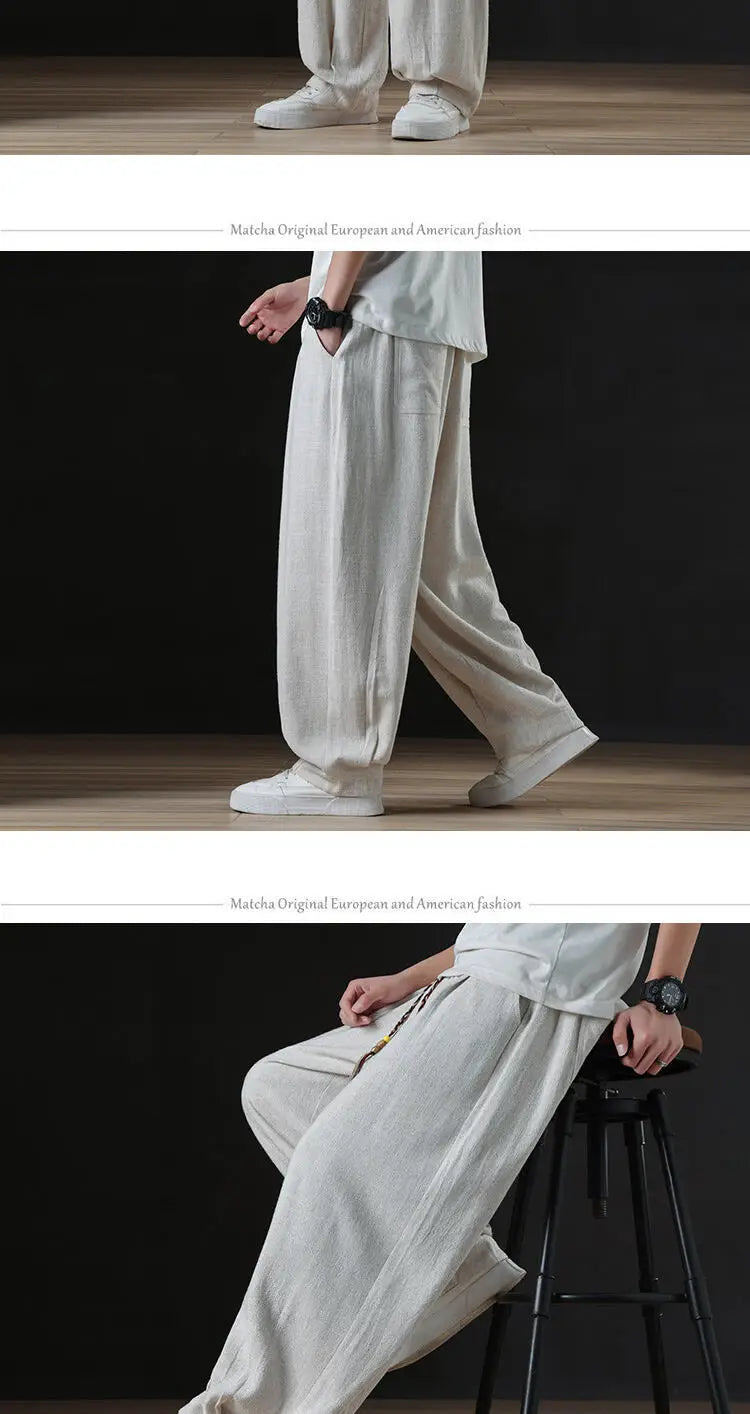 Calça masculina casual de linho verão leve solta de perna reta
