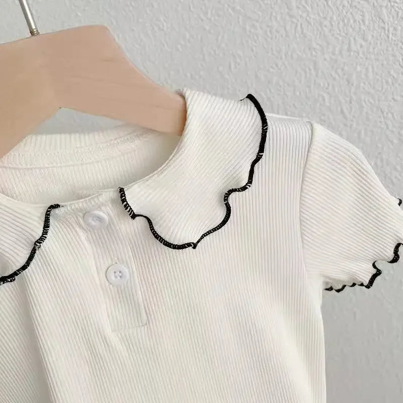 T-shirts de Peter Pan Collar infantil, infantil, meninas, fofo, casual, sólido, preto, branco, estilo coreano, verão, nova chegada, 2022