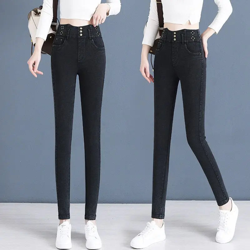 Jeans coreano elástico de cintura alta com pelúcia ártica, zíper de botão monocromático, calça lápis reta preta, moda fina, outono e inverno, nova