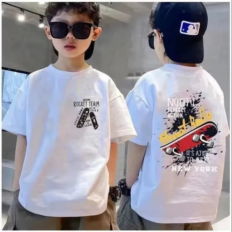 Graffiti impressão camiseta de manga curta infantil, 100% algodão, verão streetwear, meninas tees, crianças tops, roupas de crianças, alta qualidade