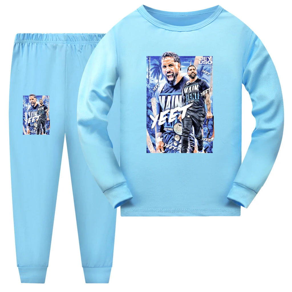 Crianças dos desenhos animados lutador jey uso conjuntos de pijama da criança meninos pijamas diários do bebê meninas manga longa t camisa + shorts 2 pçs set3952